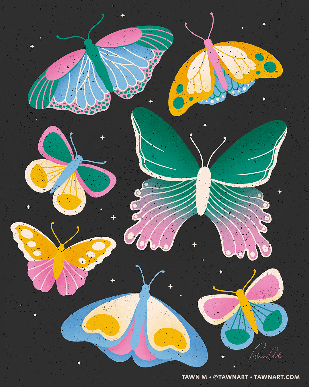 Illustration with seven multicoloured butterflies of various shapes and sizes over a black background.