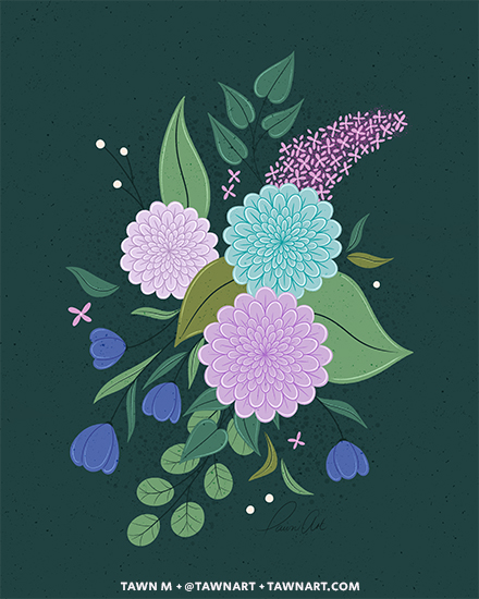 Spot illustration of whimsical florals and leaves in purple, navy, teal, and green.