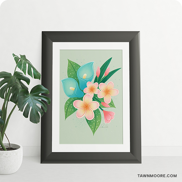 Tropical spot illustration with pink plumeria and turquoise calla lillies on a bed of leaves.