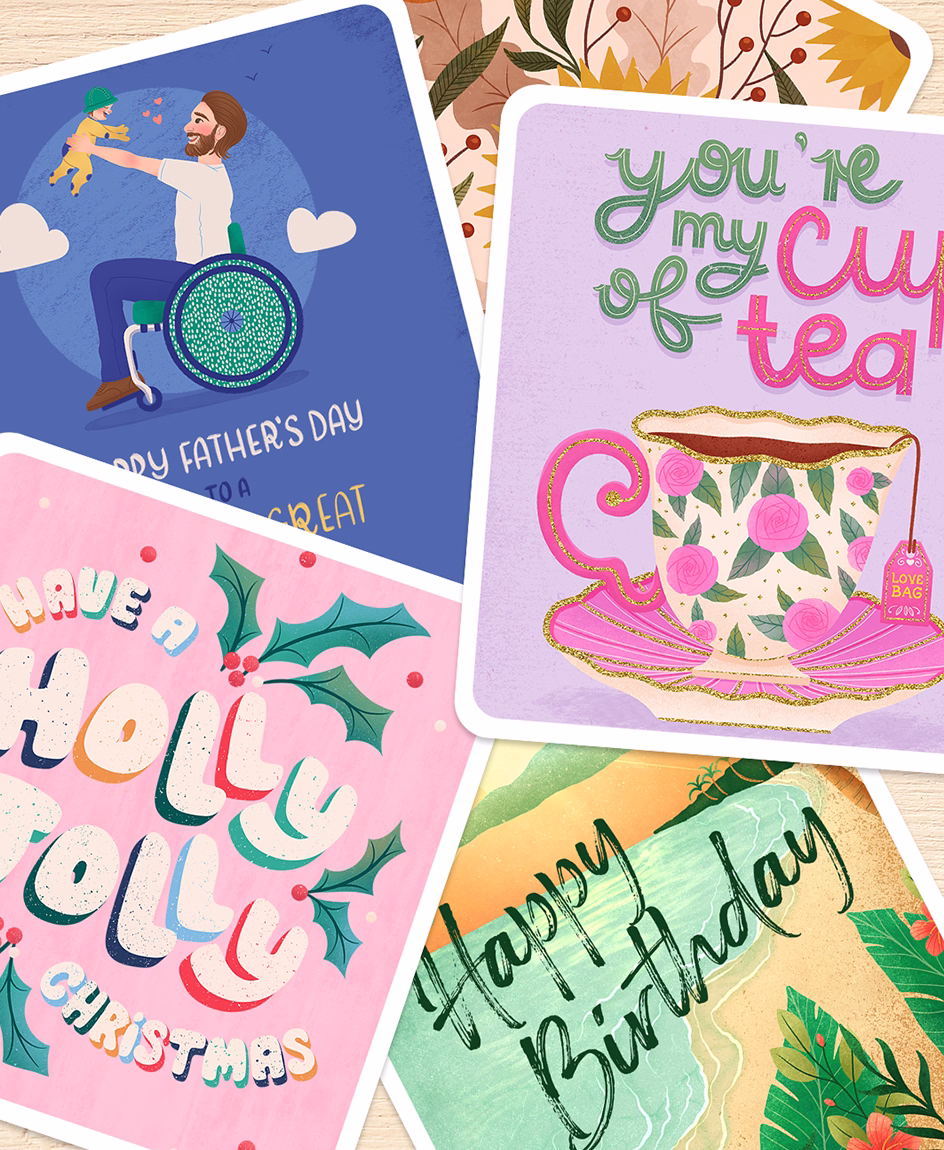 Multiple greeting card illustration collaboration with Felt App by Tawn Moore