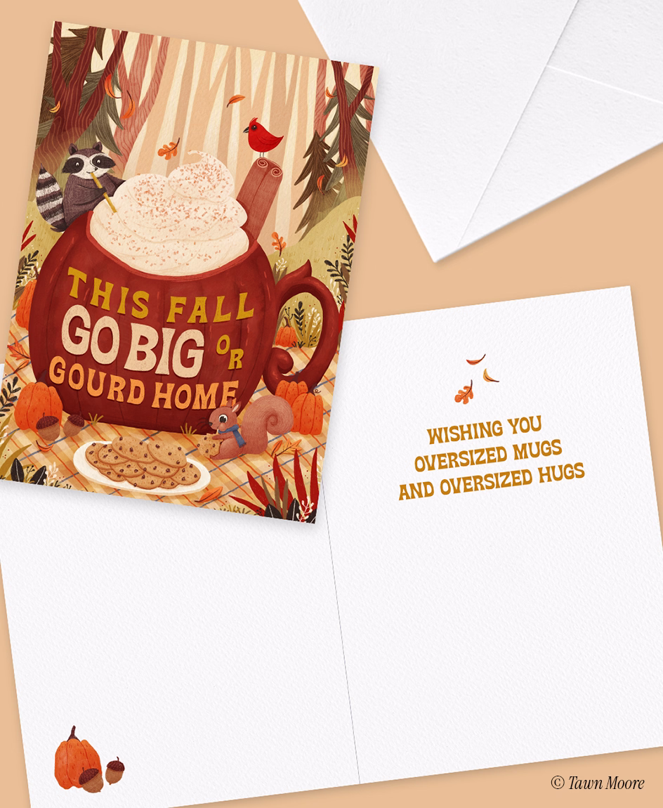 Autumn greeting card illustration featuring a cozy mug, pumpkins, and woodland details by Tawn Moore