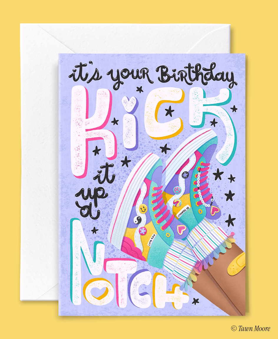 Bold hand-lettered birthday greeting card illustration by Tawn Moore