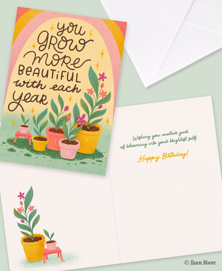 Birthday greeting card illustration with potted plants and hand-lettered message by Tawn Moore