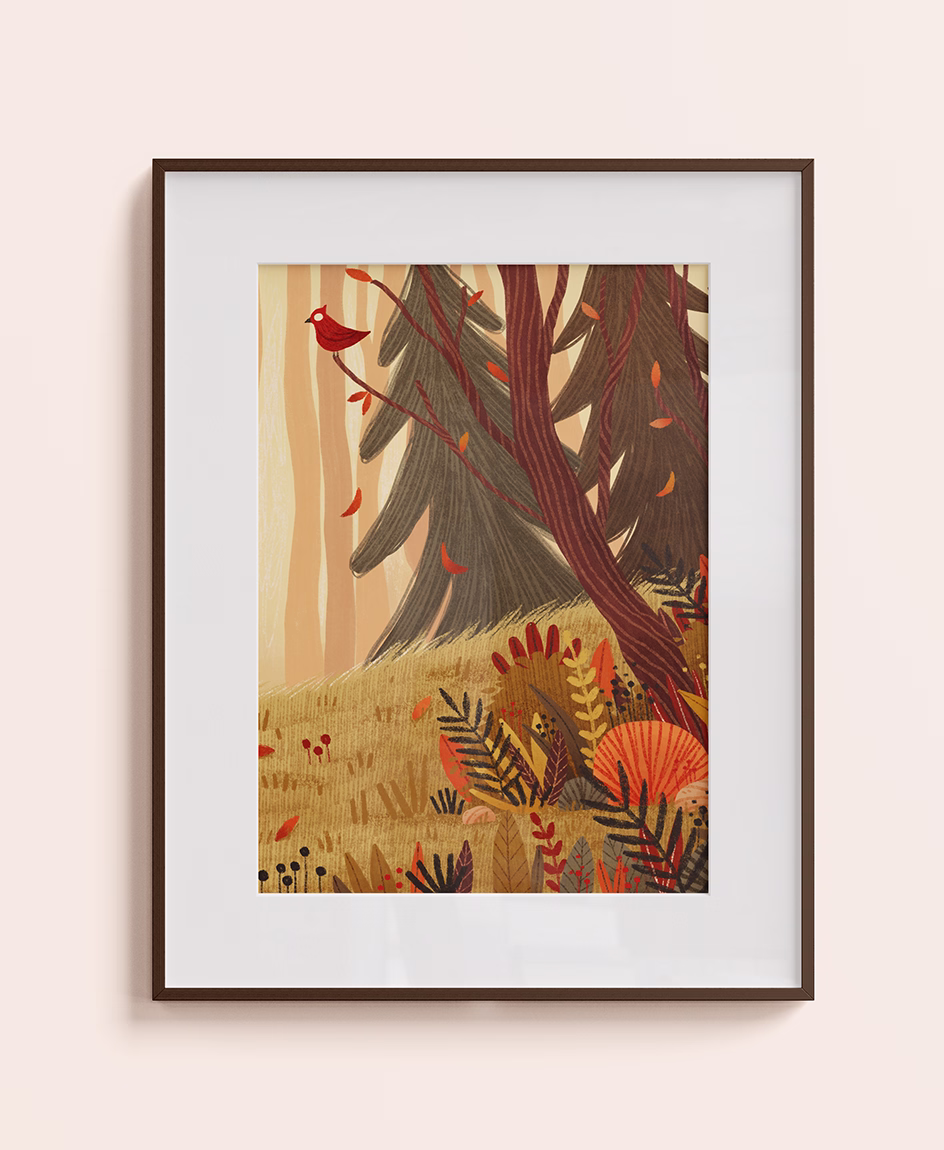Illustration example featuring an autumn-themed scene styled as wall art by Tawn Moore