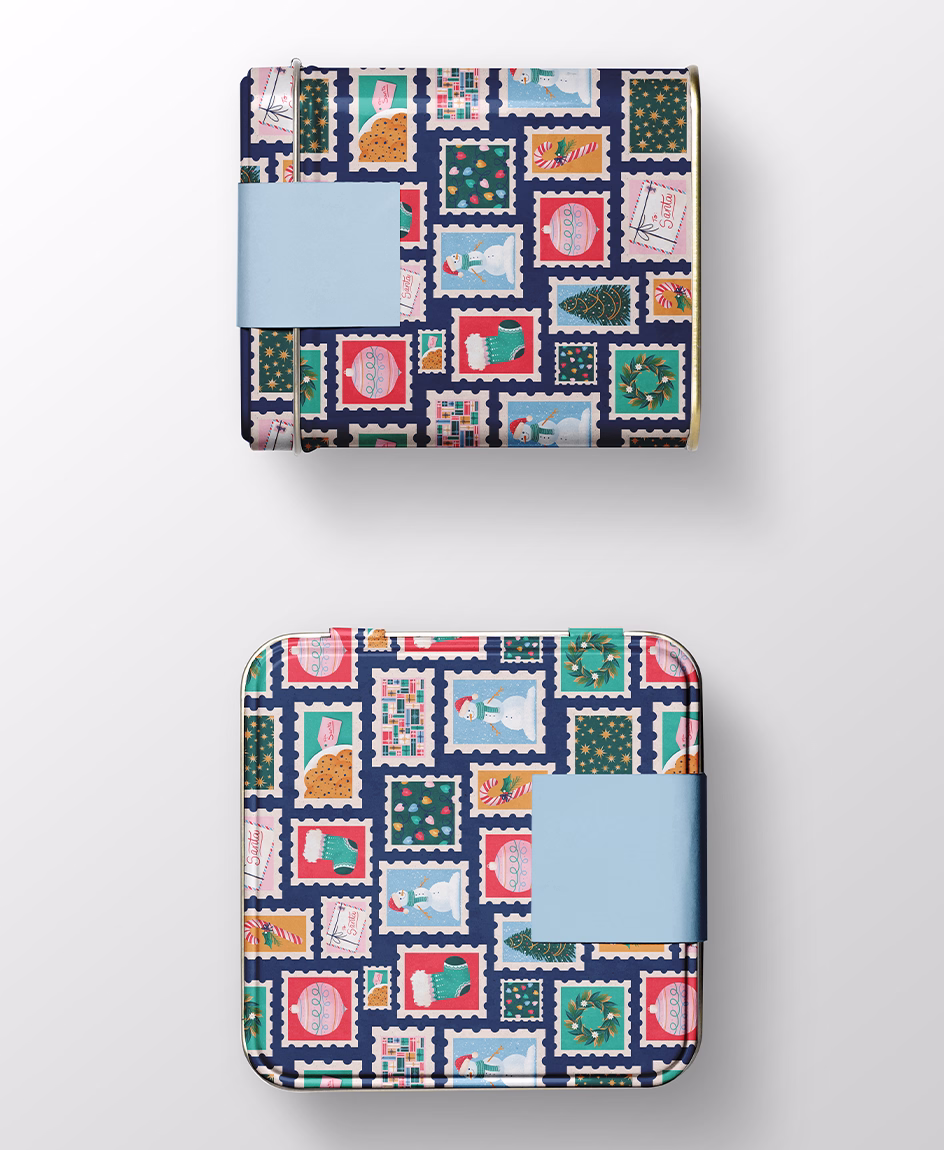 Christmas-themed surface pattern design featuring festive icons displayed on a product mockup by Tawn Moore