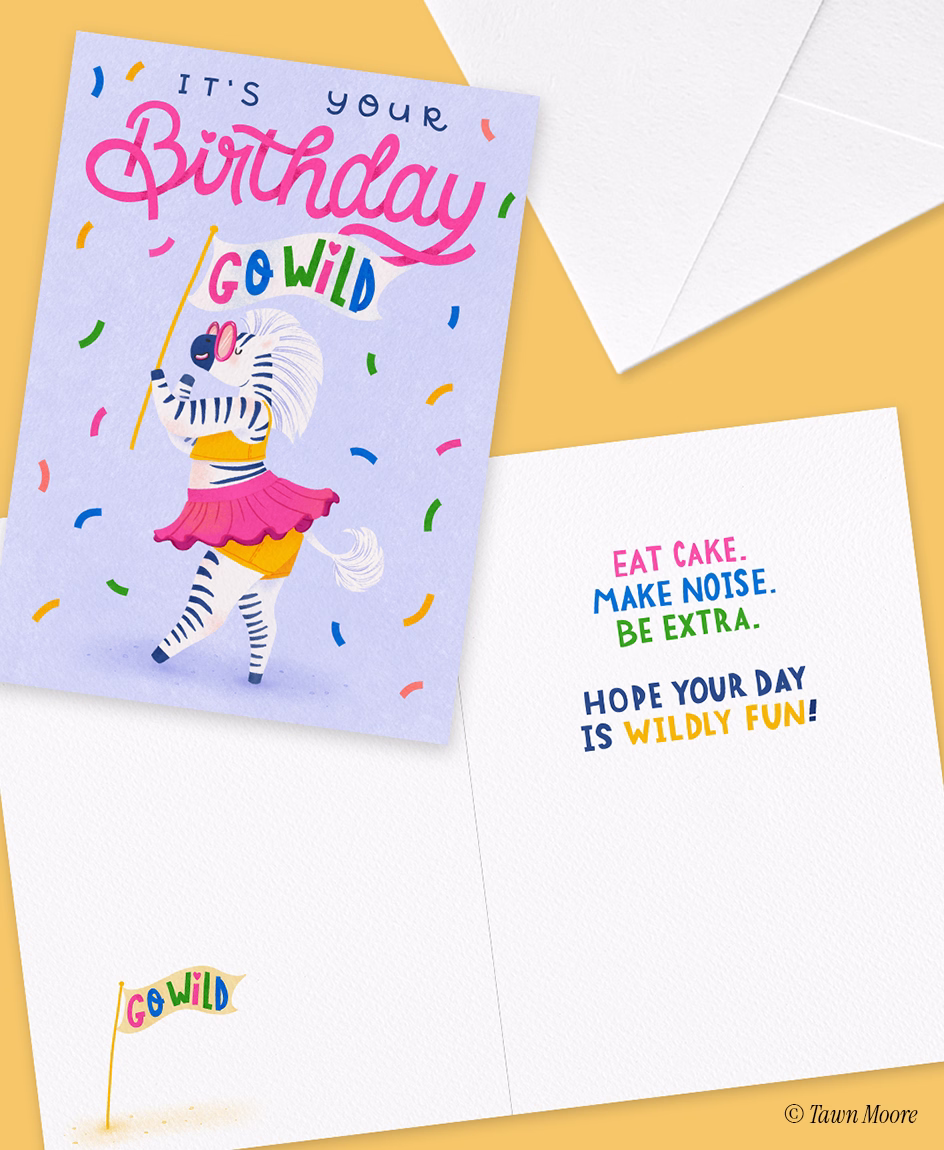Birthday greeting card illustration with whimsical zebra and bright colours by Tawn Moore