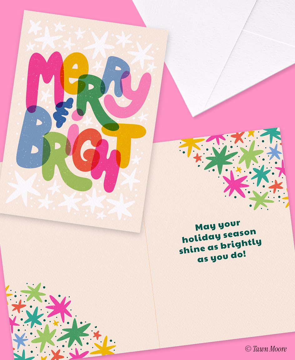 Christmas greeting card illustration featuring bold hand lettering and colours by Tawn Moore