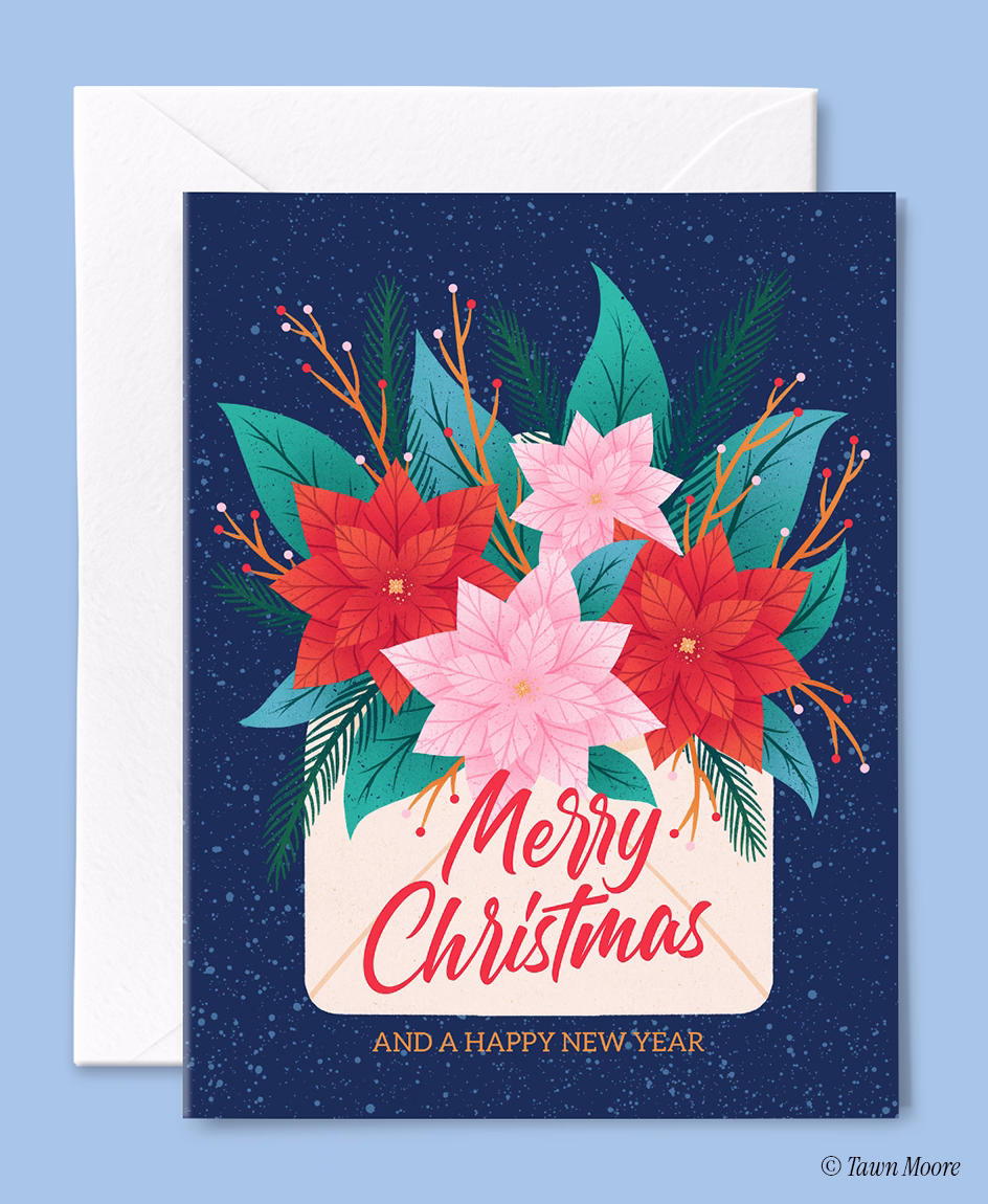 Christmas greeting card illustration featuring festive florals and holiday colours by Tawn Moore