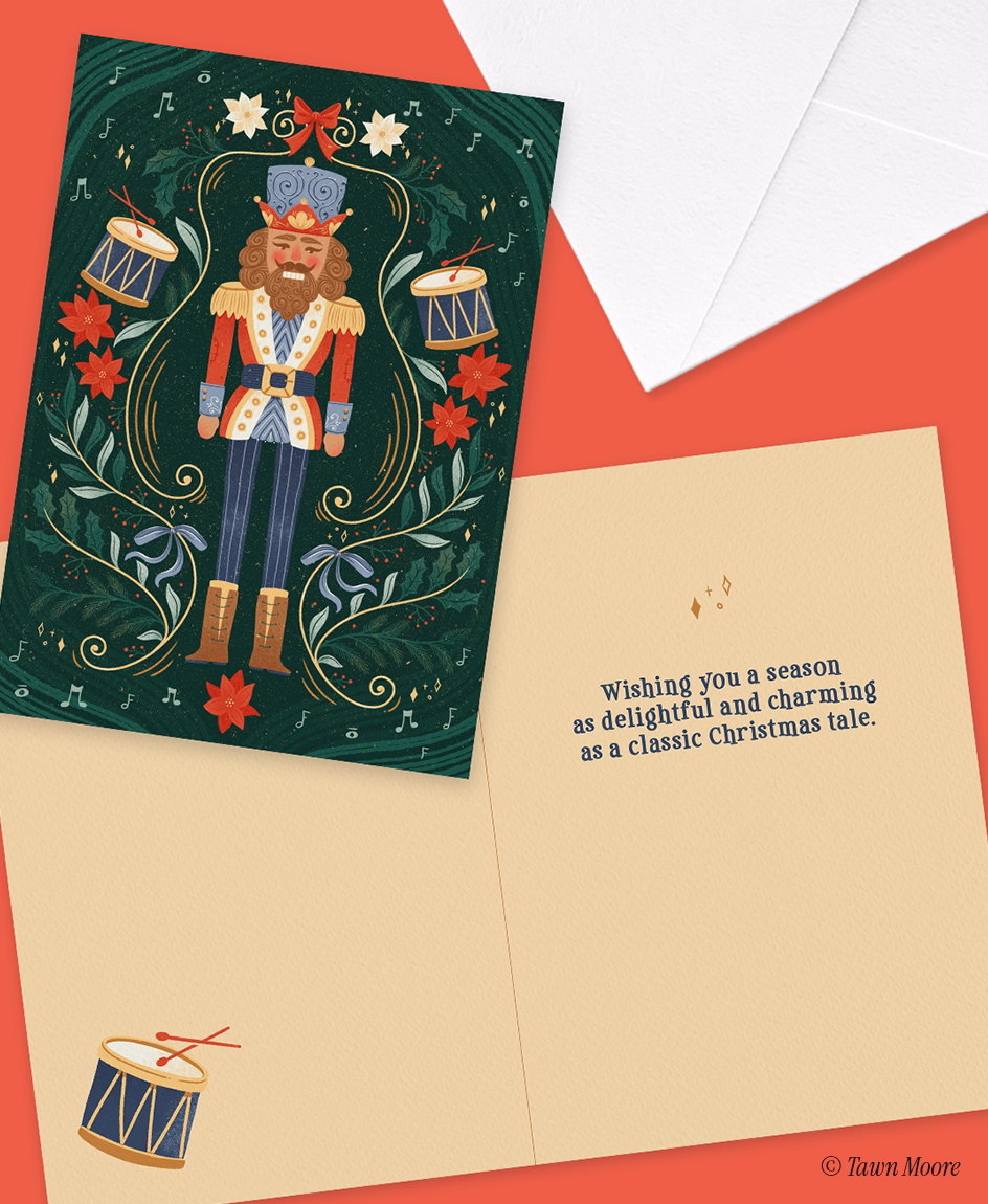 Christmas greeting card illustration inspired by the Nutcracker with festive nutcracker character by Tawn Moore