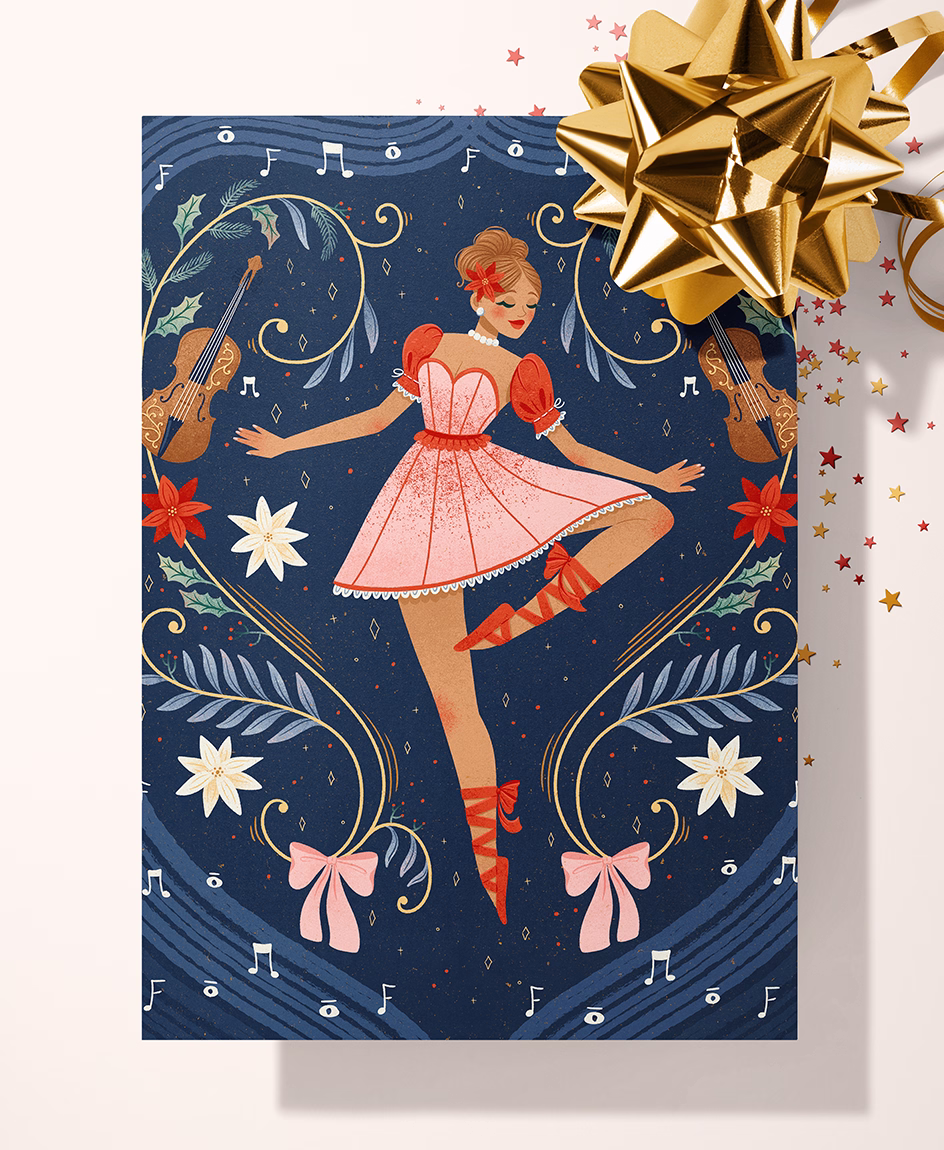 Christmas Nutcracker-inspired illustration featuring a dancing ballerina and festive details by Tawn Moore