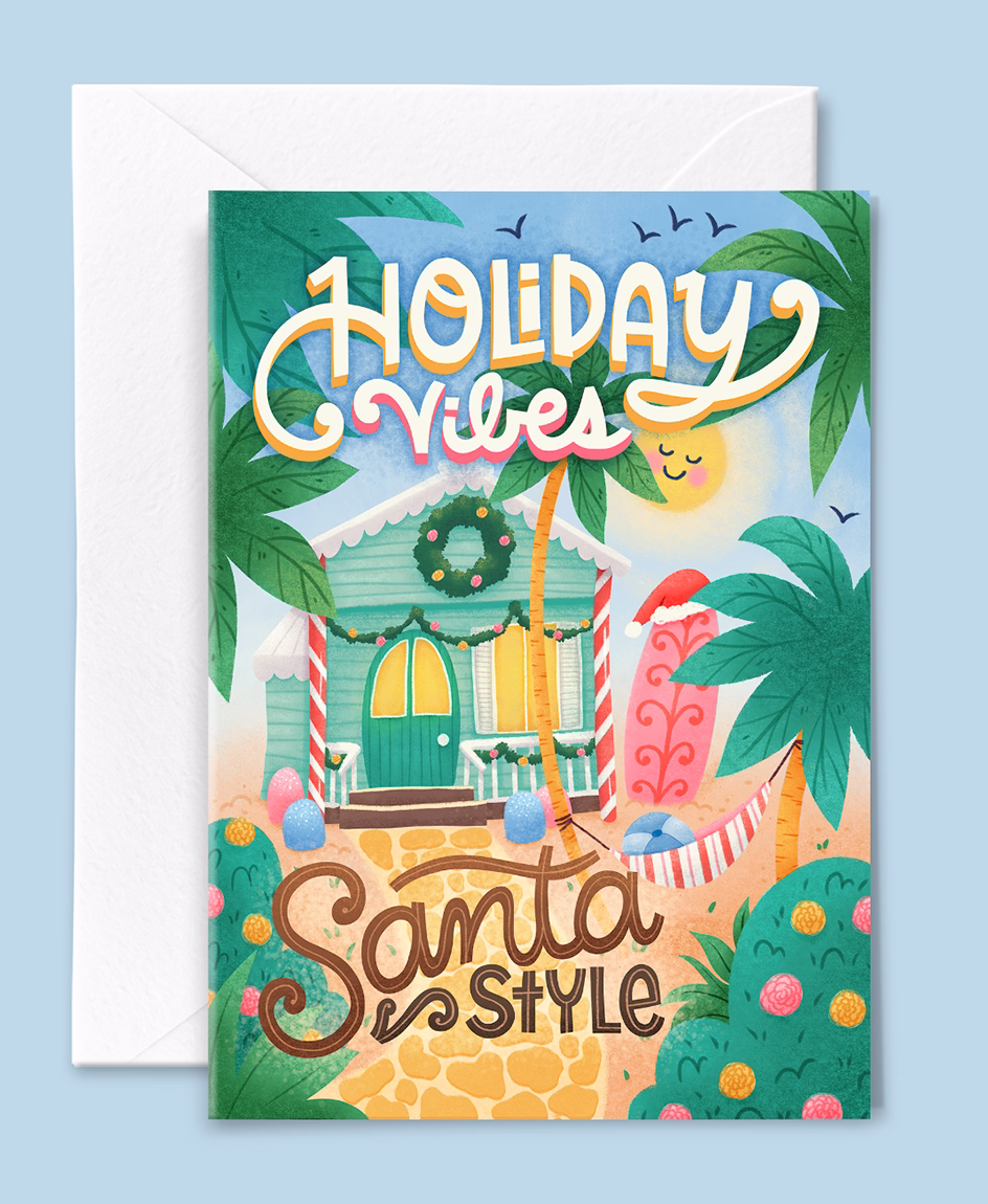 Holiday greeting card illustration with hand lettering and festive characters by Tawn Moore