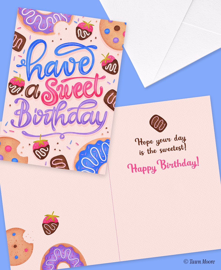 Playful birthday greeting card illustration with hand-lettered typography by Tawn Moore