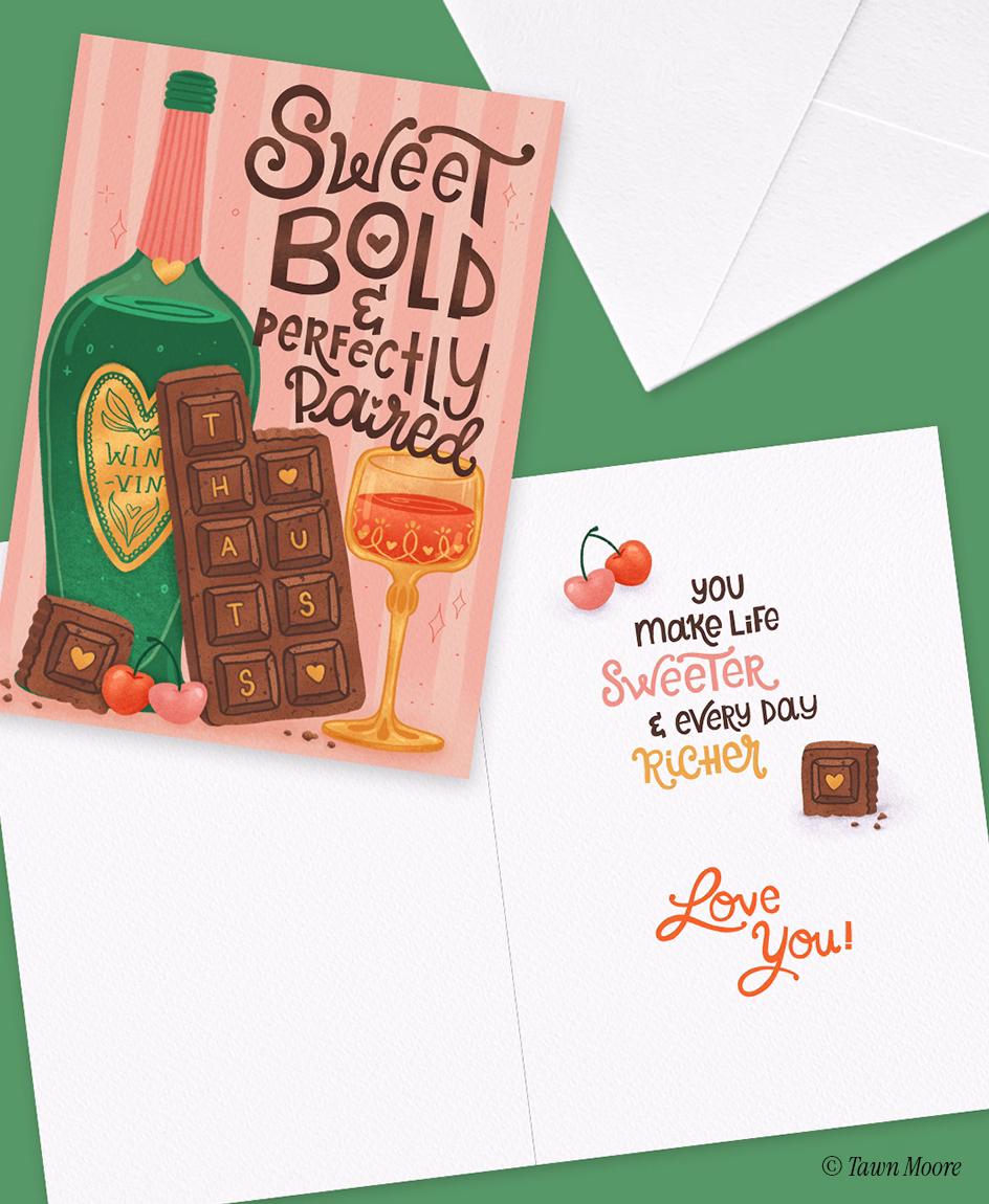 Love greeting card illustration with paired win and chocolate by Tawn Moore