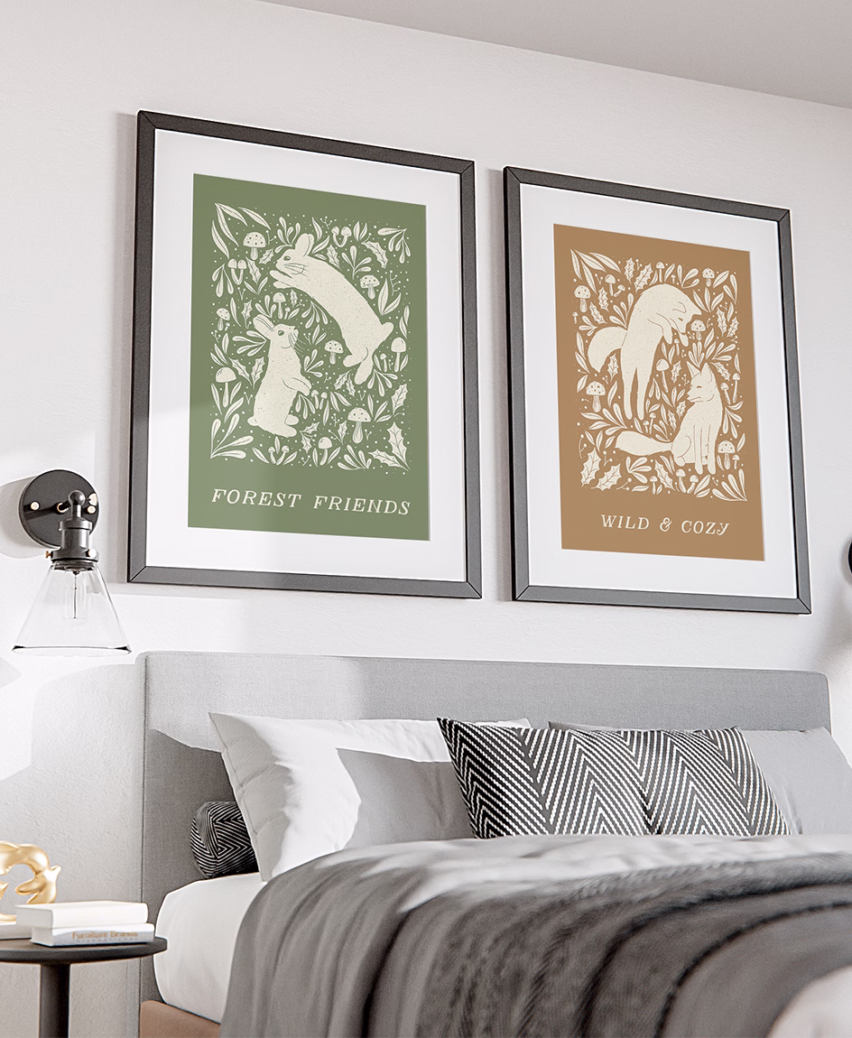 Woodland animal illustration artwork with autumn and winter themes displayed as framed wall art by Tawn Moore